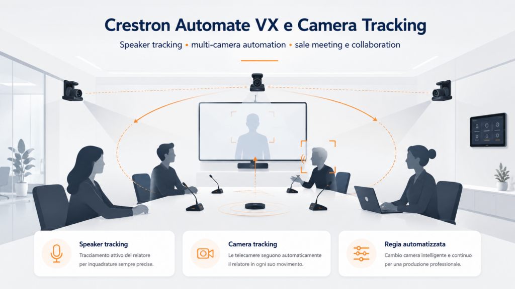 Sistema Crestron Automate VX con speaker tracking e camera tracking in sala meeting